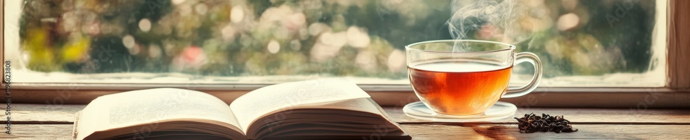 Herbal Tea and Open Book Embracing Relaxation with Herbal Tea and a Serene Scenic View Herbal Tea and Open Book Embracing Relaxation with Herbal Tea and a Serene Scenic View