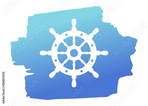 Logo nautical. Silueta de volante de timón de barco en trazo de pincel de pintura azul