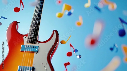 Red Electric Guitar Music Notes Background Vibrant Fun