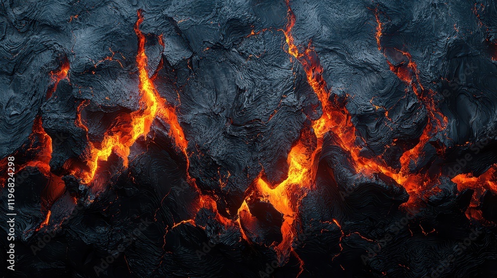 Lava streams majestically through fractured volcanic rock, showcasing an awe-inspiring display of nature's raw power and breathtaking beauty within the dynamic landscape of an active volcano