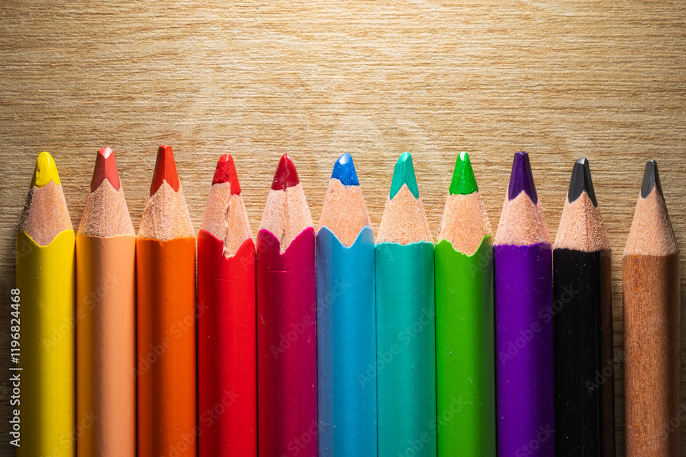 Close-up of color pencils on wooden table Close-up of color pencils on wooden table