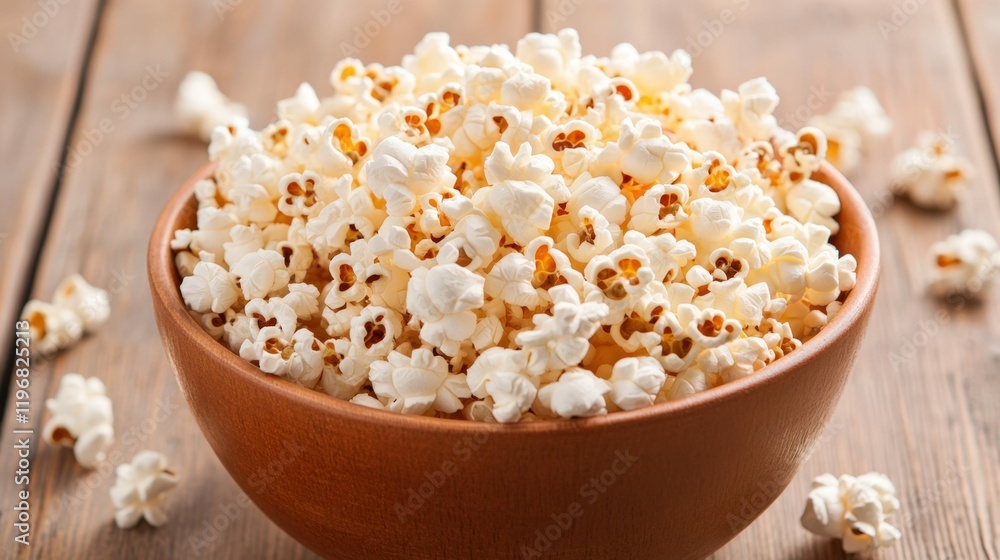 Cozy evening vibes with bowl of popcorn and colorful sock on wooden table Cozy evening vibes with bowl of popcorn and colorful sock on wooden table