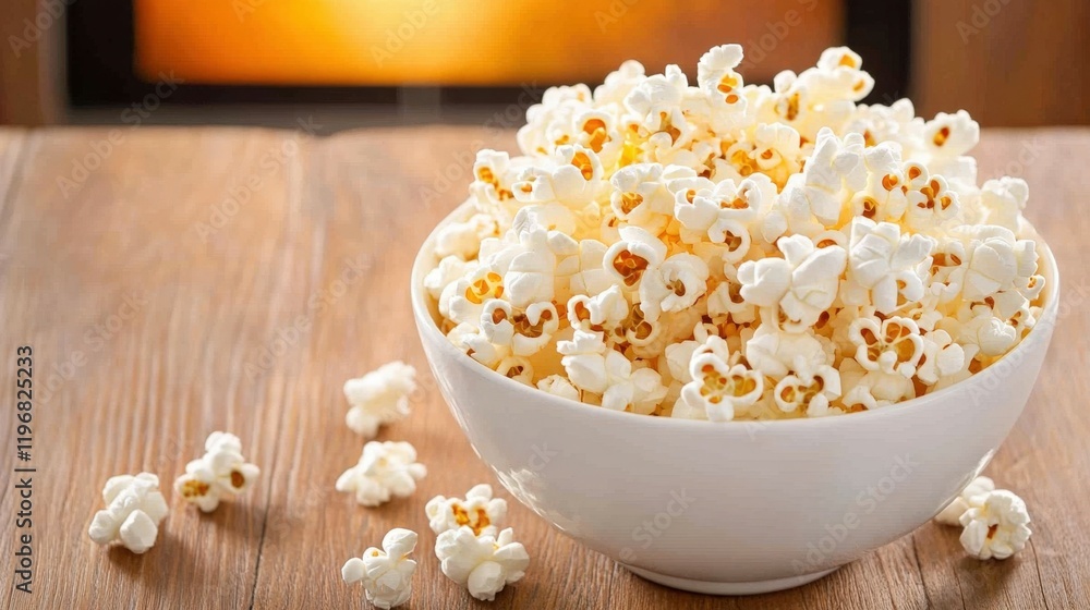 Cozy atmosphere with popcorn bowl on wooden table Cozy atmosphere with popcorn bowl on wooden table