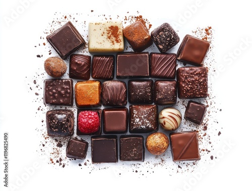 Assorted Gourmet Chocolates with Rich Textures and Varied Flavors Arranged on a White Background Perfect for Sweet Treats or Dessert Promos photo