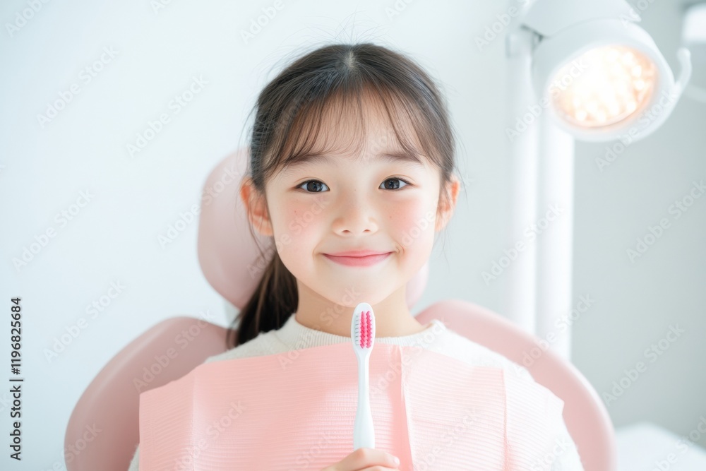 Modern Dentistry and Dental Care - Smiling Asian Girl in Dental Chair with Toothbrush, Highlighting Pediatric Dentistry and Dental Hygiene Modern Dentistry and Dental Care - Smiling Asian Girl in Dental Chair with Toothbrush, Highlighting Pediatric Dentistry and Dental Hygiene