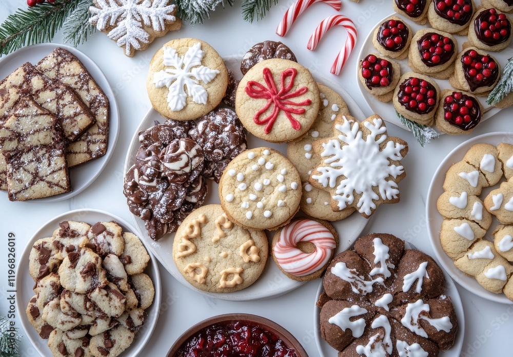 Assorted Holiday Cookies and Treats Spread on a White Tablecloth Surrounded by Festive Decorations and Colorful Candy Canes for Celebratory Atmosphere Assorted Holiday Cookies and Treats Spread on a White Tablecloth Surrounded by Festive Decorations and Colorful Candy Canes for Celebratory Atmosphere