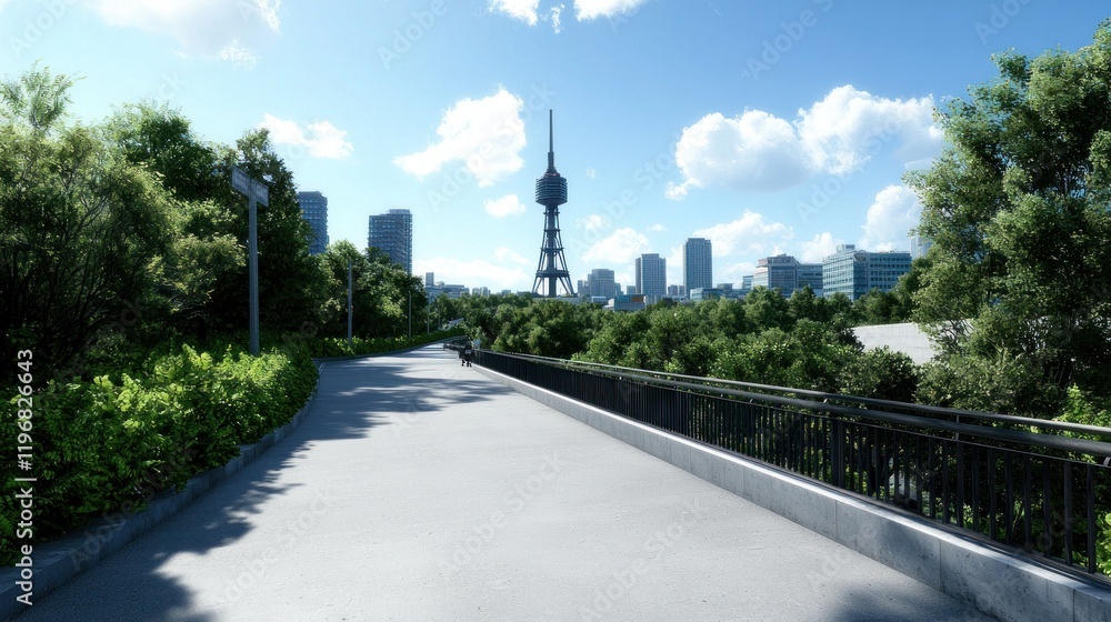 Fototapeta premium City Park Pathway with Tower View