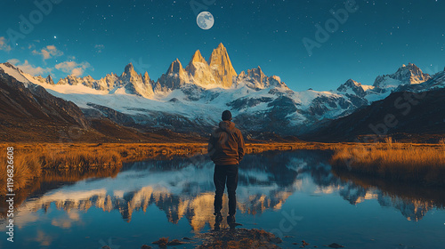 A man stand near a lake in a mountains