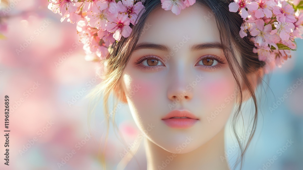 Fototapeta premium Graceful woman embodies the spirit of spring with a floral crown, surrounded by blooming cherry blossoms in a tranquil outdoor setting at midday