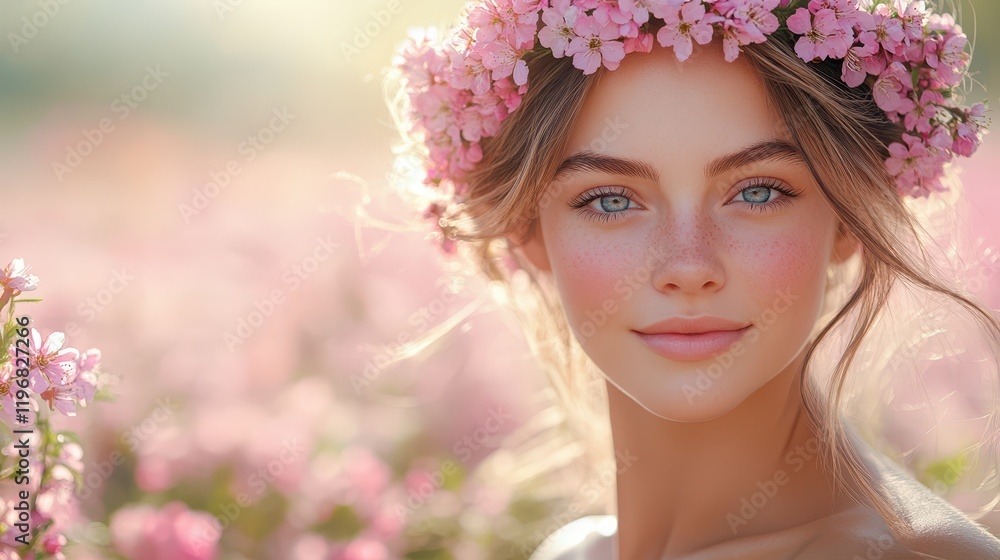 Spring blossoms highlight a serene moment with a young woman in a floral crown, radiating natural beauty amidst a field of pink flowers Spring blossoms highlight a serene moment with a young woman in a floral crown, radiating natural beauty amidst a field of pink flowers