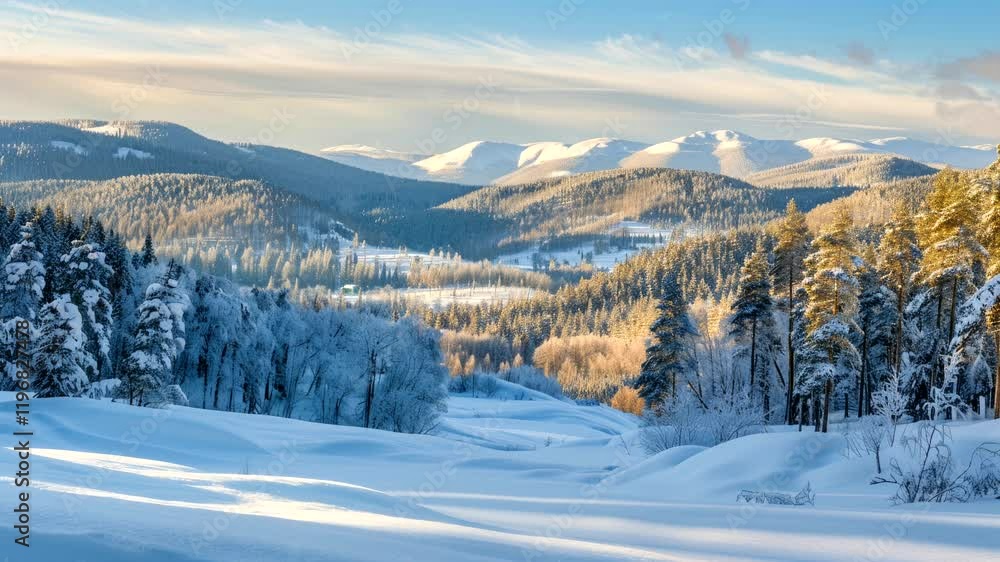 Snowy valley with sunlit mountains and dense forest, seamless looping 4K time-lapse animation video background Snowy valley with sunlit mountains and dense forest, seamless looping 4K time-lapse animation video background