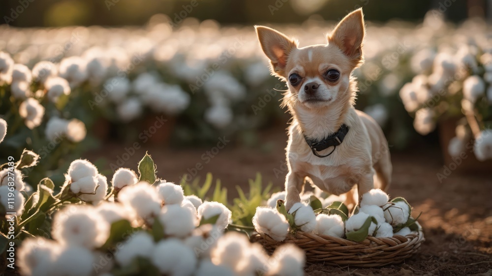 Fototapeta premium A Chihuahua poses among cotton plants in a picturesque field.