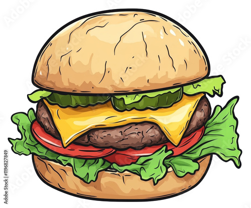 A mouthwatering illustration of a delicious burger , isolated on white background PNG