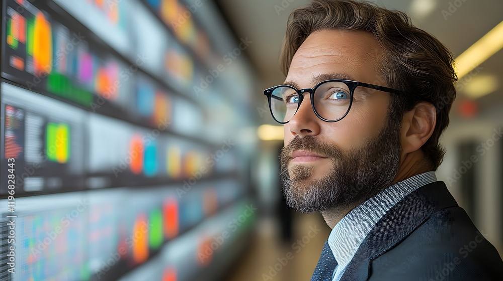 Businessman looking at data wall. Businessman looking at data wall.