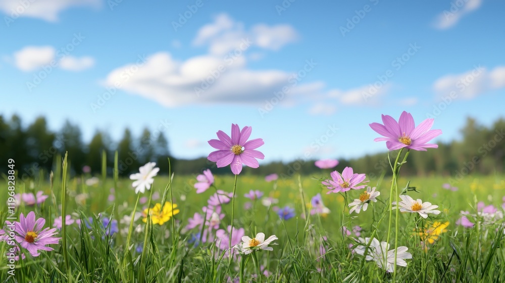 A vibrant field of wildflowers under a blue sky with clouds. A vibrant field of wildflowers under a blue sky with clouds.