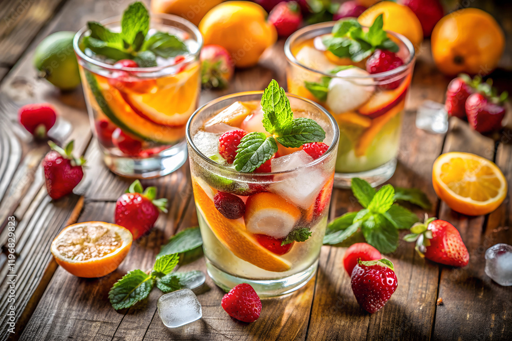 Refreshing Summer Drink With Fresh Fruits and Ice on Rustic Table Refreshing Summer Drink With Fresh Fruits and Ice on Rustic Table