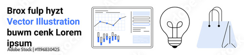 Sample text paired with business analytics graph, light bulb, and shopping bag. Ideal for business, analytics, technology, creativity, shopping, e-commerce, marketing. Landing page