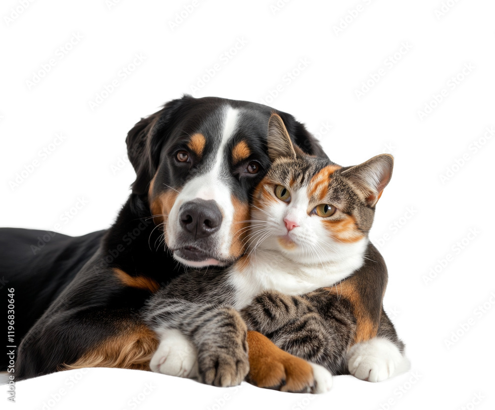 Affectionate Dog and Cat Embrace: A heartwarming display of companionship , isolated on white background PNG Affectionate Dog and Cat Embrace: A heartwarming display of companionship , isolated on white background PNG