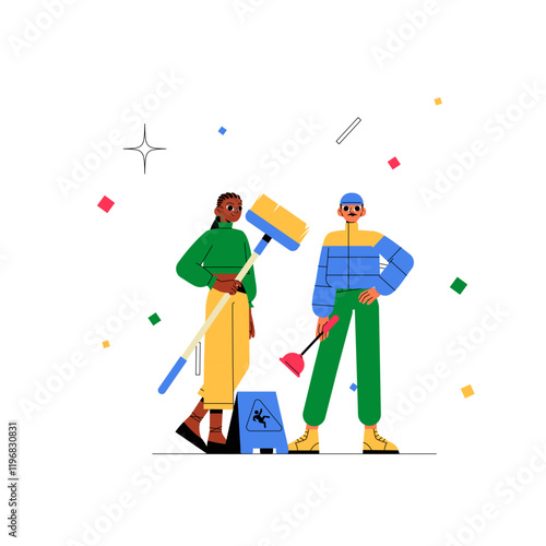 Male And Female Cleaners With Cleaning Tools In Flat Vector Illustration Symbolizing Janitorial Services, Hygiene, And Professional Cleaning, Isolated On White Background.