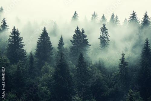 Misty landscape with mountains and dark moody fir forest in hipster vintage retro style photo