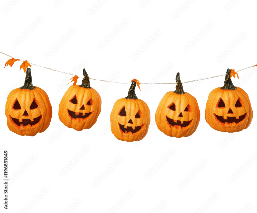 Spooky Halloween Jack-o-Lanterns Hanging on String Decor , isolated on white background PNG Spooky Halloween Jack-o-Lanterns Hanging on String Decor , isolated on white background PNG