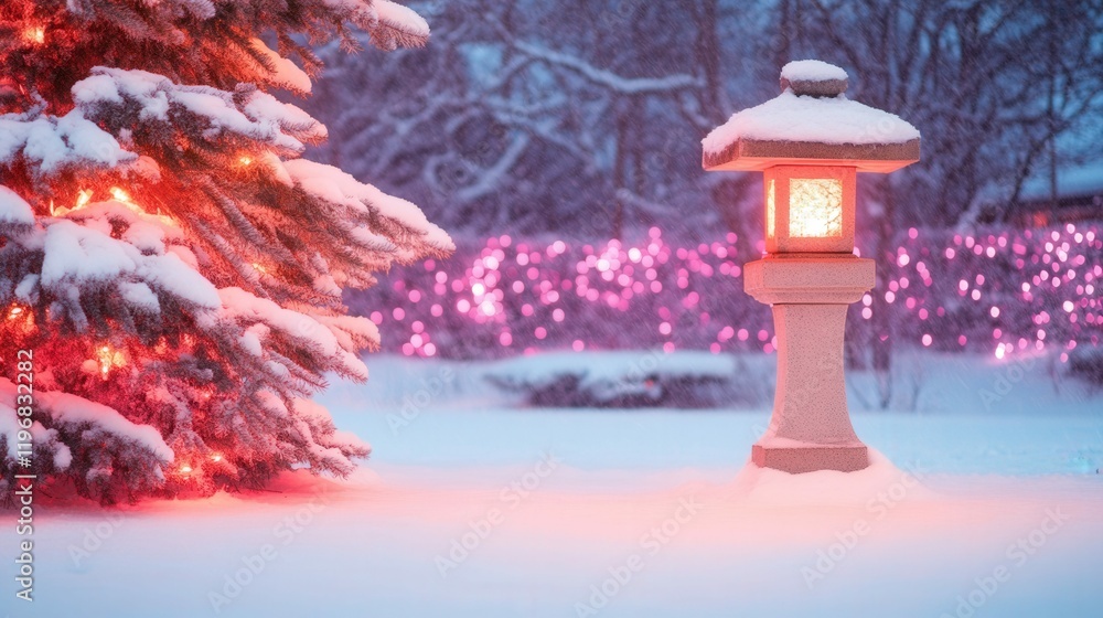 Obraz premium Festive christmas light display featuring snowy stone lantern and vibrant decorations