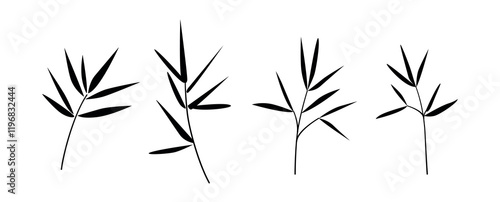 Bamboo branches and stems silhouettes. Hand drawn bamboo tree leaves, foliage. Botanical drawing collection. Vector.