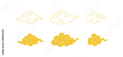 Chinese traditional clouds set. Linear oriental ornament elements. Line art and silhouettes. Vintage style. Background, pattern, banner, icon. Vector isolated on white.
