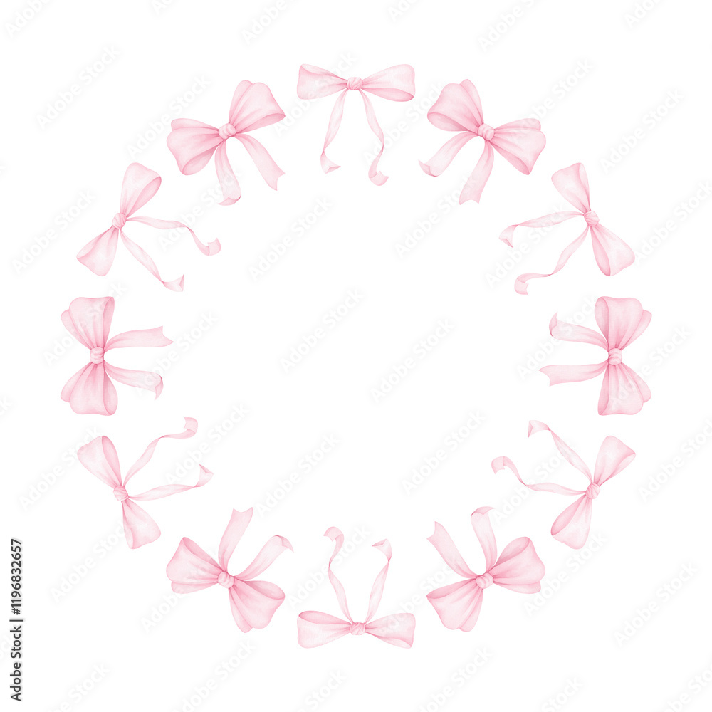 pink bows. Watercolor round frame on white background for textile, wrapping paper. Cute children's illustration in pastel colors pink bows. Watercolor round frame on white background for textile, wrapping paper. Cute children's illustration in pastel colors