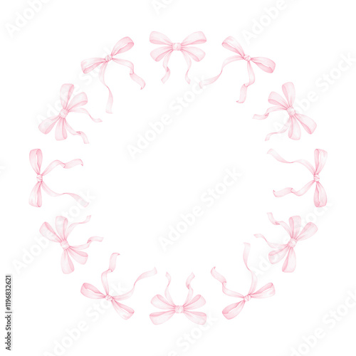 pink bows. Watercolor round frame on white background for textile, wrapping paper. Cute children's illustration in pastel colors