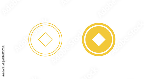 Chinese lucky coin. Linear and silhouette drawing. Cash. Coin with square hole. Icon, symbol. Vector.