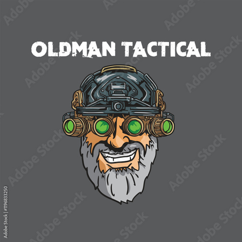 vector illustration of oldman use tactical millitary helmet with night vision binoculars
