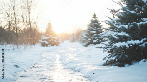 Wallpaper Mural Festive winter wonderland at christmas tree farm with snow-capped trees and frozen stream Torontodigital.ca