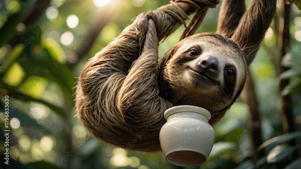 A sloth hanging playfully in a lush environment, holding a small white pot. A sloth hanging playfully in a lush environment, holding a small white pot.