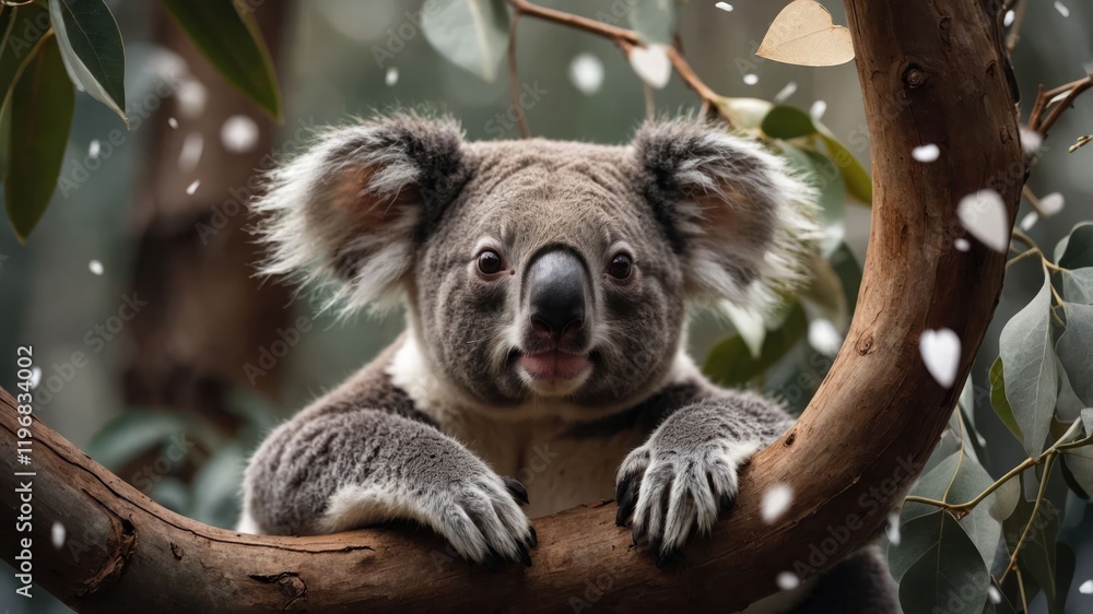 Fototapeta premium A koala resting on a branch, surrounded by leaves and a serene atmosphere.