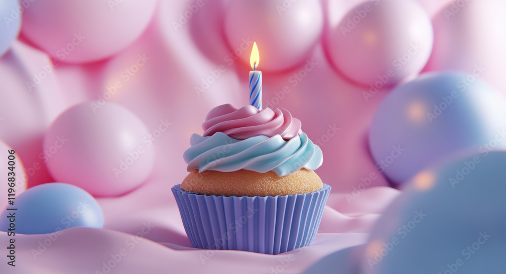 A cupcake with a birthday candle on a pastel background. A cupcake with a birthday candle on a pastel background.