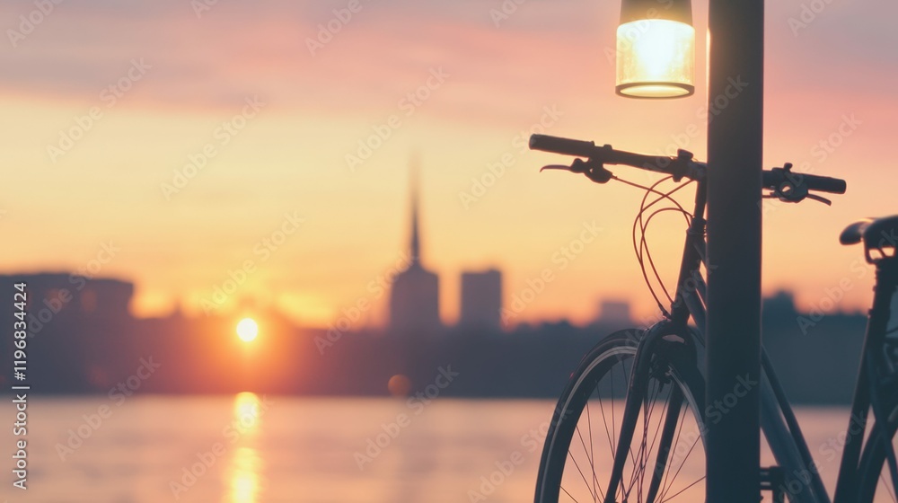 Obraz premium Bicycle resting against a lamppost at sunset with silhouette cityscape in the background