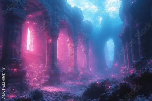 ethereal underwater temple ruins with bioluminescent coral merfolk silhouettes floating crystal formations in deep azure waters photo