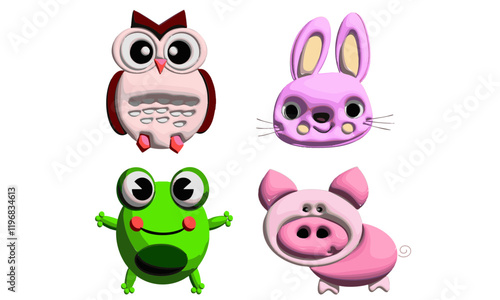 Set of animals Owl Bunny Face Frog Pig