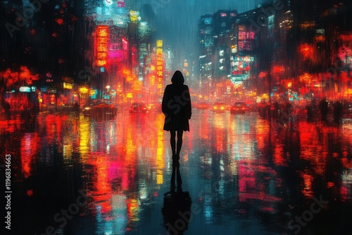 ethereal urban nightscape with solitary figure silhouetted against neon cityscape rainslicked streets reflecting vibrant colors photo