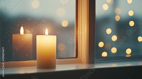 Cozy candlelight reflections in a window with soft bokeh for warm ambience design photo