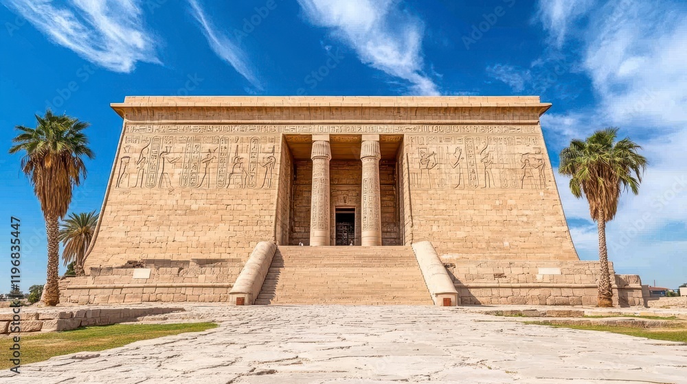 Fototapeta premium Ancient Egyptian Temple Against a Blue Sky with Palm Trees
