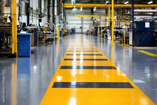 Industrial Factory Floor Yellow Black Stripes Clean Modern Production Line