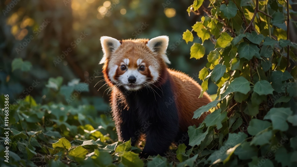 Fototapeta premium A red panda amidst lush greenery, showcasing its playful nature in a serene environment.