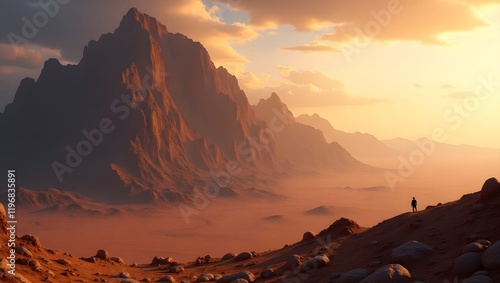 Wallpaper Mural Solitary figure stands against a stunning sun-drenched desert mountain landscape, emphasizing exploration and scale, ideal for travel and adventure blogs Torontodigital.ca