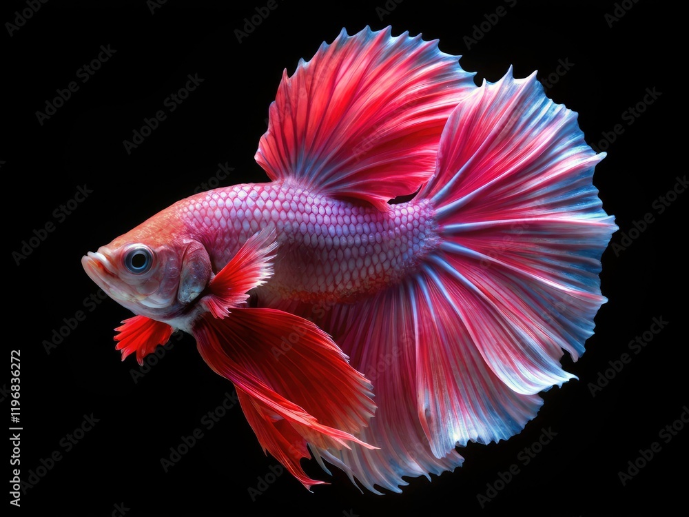 Fototapeta premium A striking pink halfmoon Pla-kad betta fish, sharply isolated on a black backdrop.