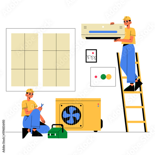 Two HVAC Technicians Installing Air Conditioning System In Flat Vector Illustration Symbolizing Cooling Equipment Setup And Maintenance, Isolated On White Background