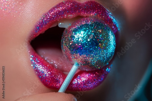 Close-up of a woman's mouth with a lollipop made to look like a glittery disco ball, with an 80s aesthetic.