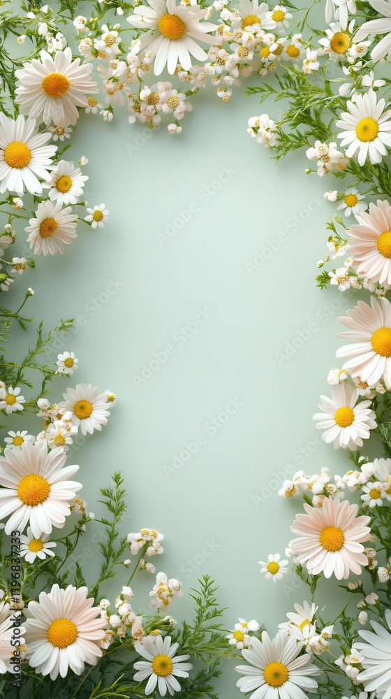 Fototapeta premium Flat lay top view of a natural festive spring frame background with daisy flowers. Floral border with spring celebration vibes. Copy space. Generative AI. 