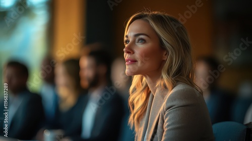 Wallpaper Mural A dynamic businesswoman captivates an engaged audience by sharing her valuable insights during a professional seminar held in a contemporary conference room Torontodigital.ca